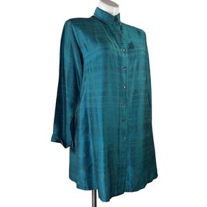 Chico's 100% Silk Collared Button Up Tunic Shirt Top 3/4 Sleeves Blue Green XL 3